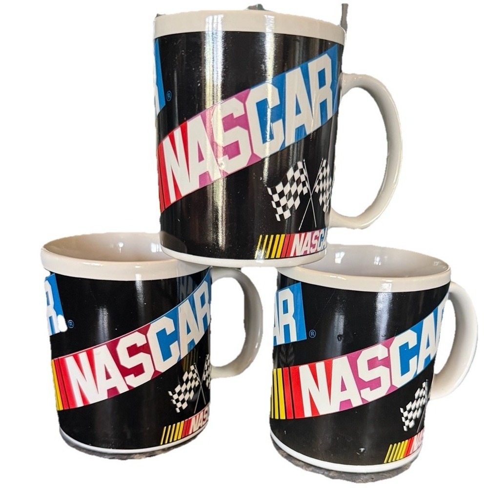 Set 3 VTG  2003 NASCAR Coffee Mugs Sherwood Brands Racing Logo Checkered Flag